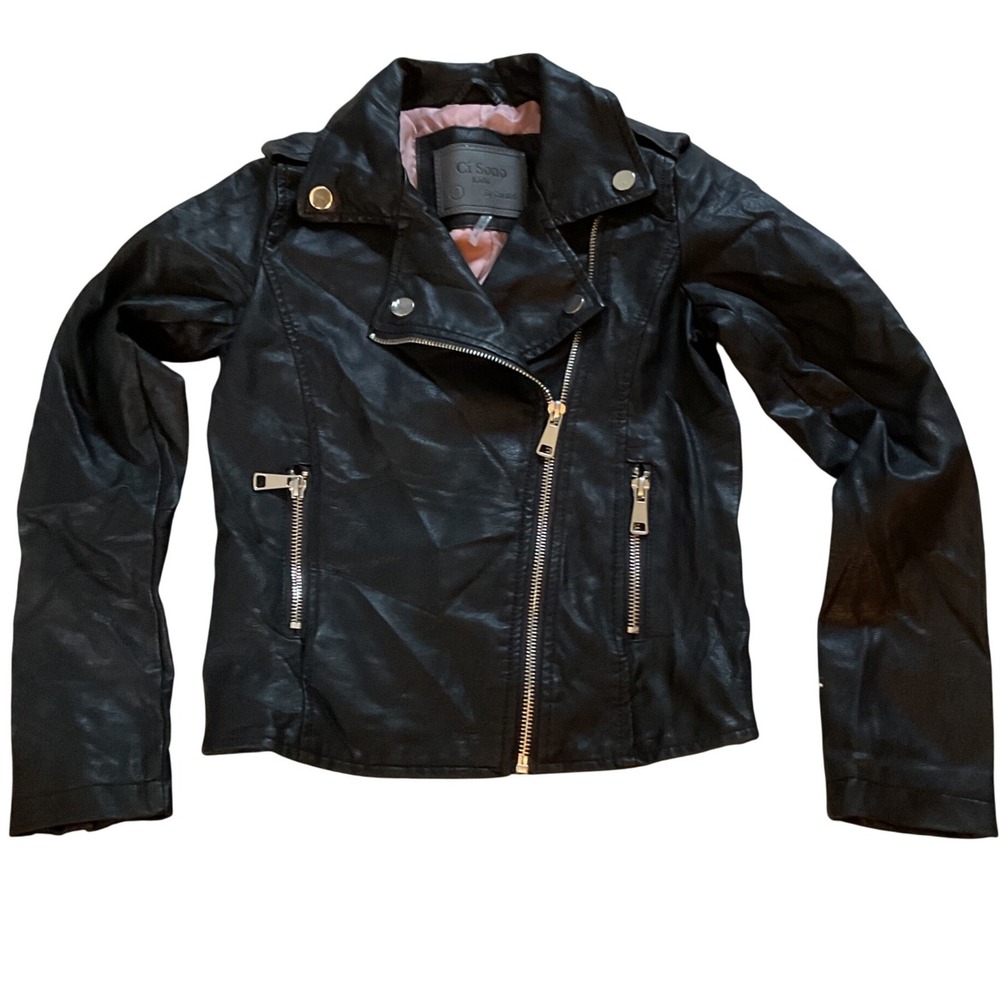 Ci Sono Kids Black Faux Leather Moto Biker Jacket Pink Lining Size 8 KJK1045